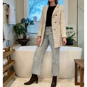 Zara Cream & Navy Cotton Tweed Jacket with Silver Buttons